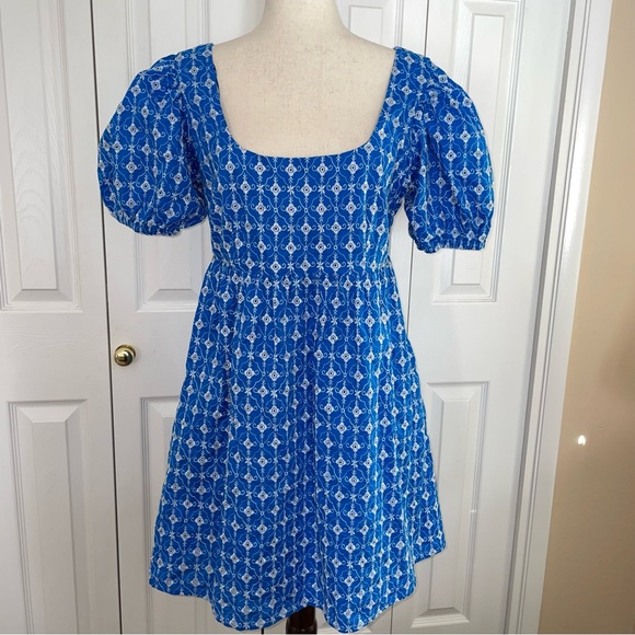 Rhode embroidered eyelet mini dress blue and white pockets size M - Picture 7 of 16